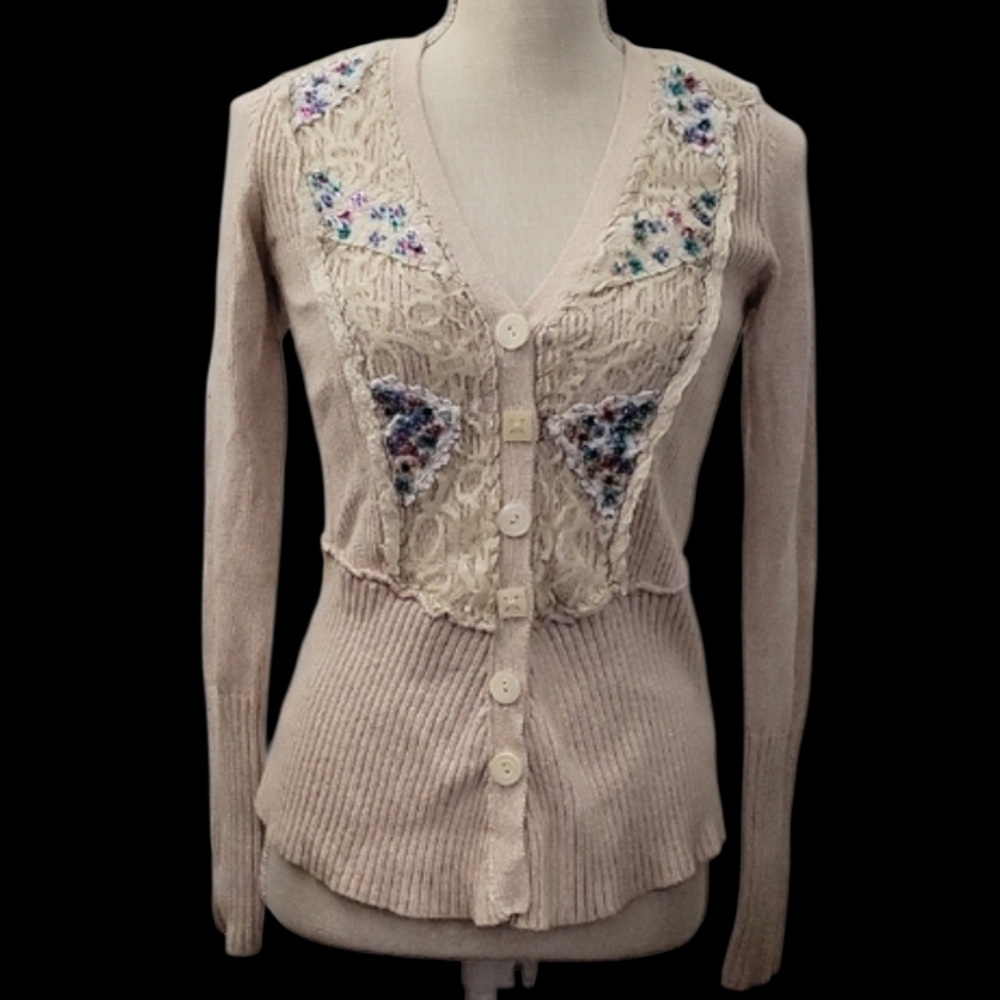 Free People Women's Cream Cardigan with Floral Embroidery And Lace - Picture 2 of 8
